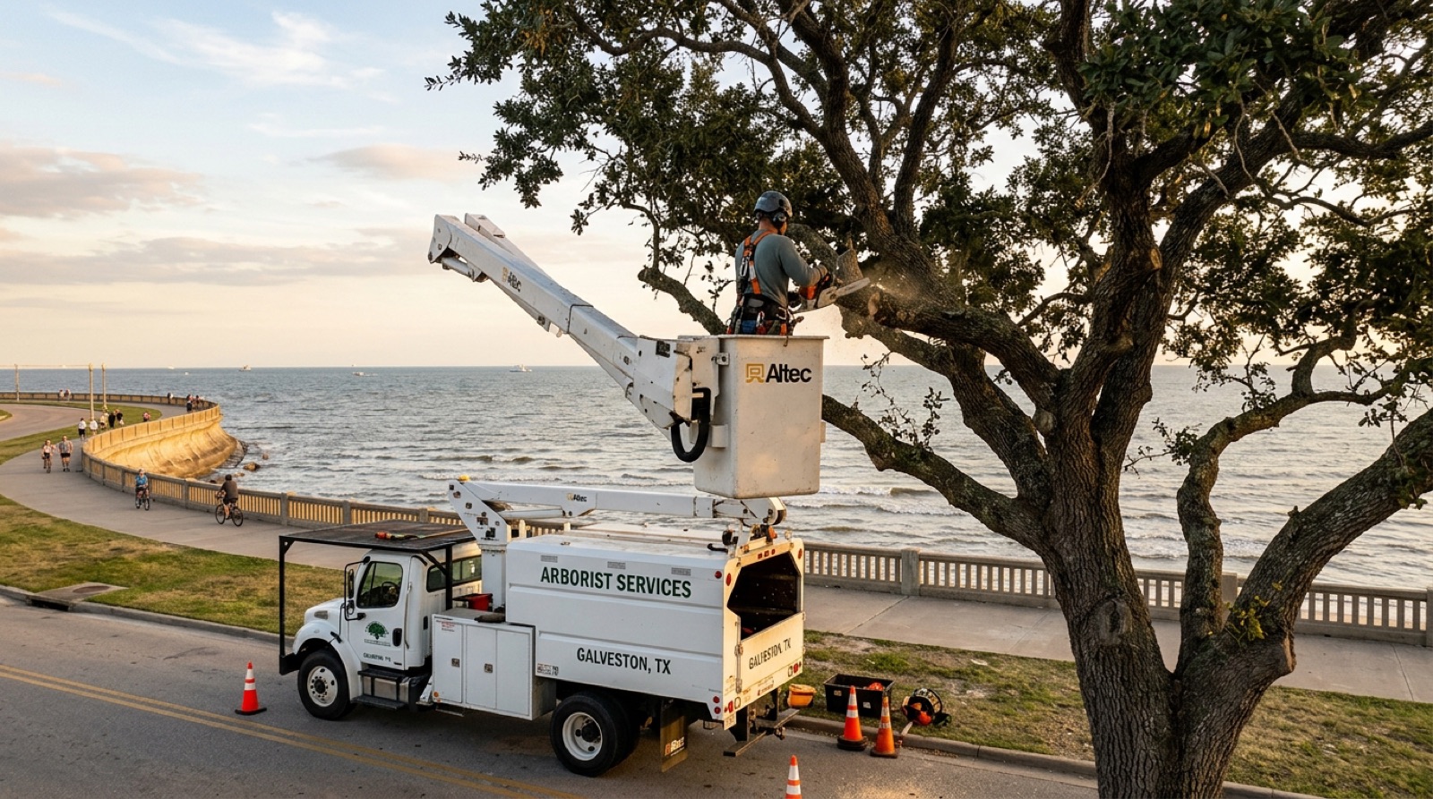 Tree service and removal in Galveston, TX: an arborist in a bucket truck trimming a live oak along Seawall Boulevard